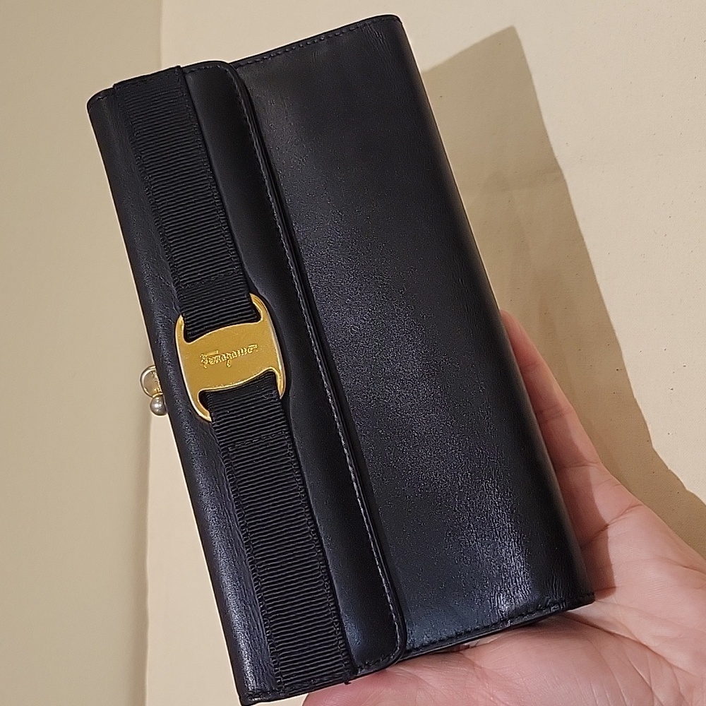 Salvatore Ferragamo Black Long Leather Wallet